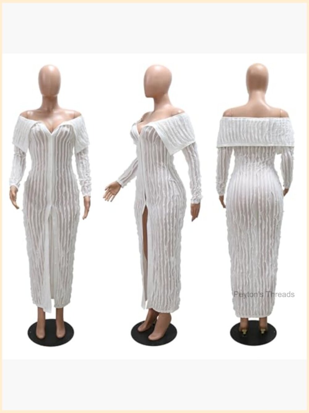 Off Shoulder Maxi Dress Long Sleeve Button Down Ruffle Mesh Bodycon Sexy - Picture 5 of 7